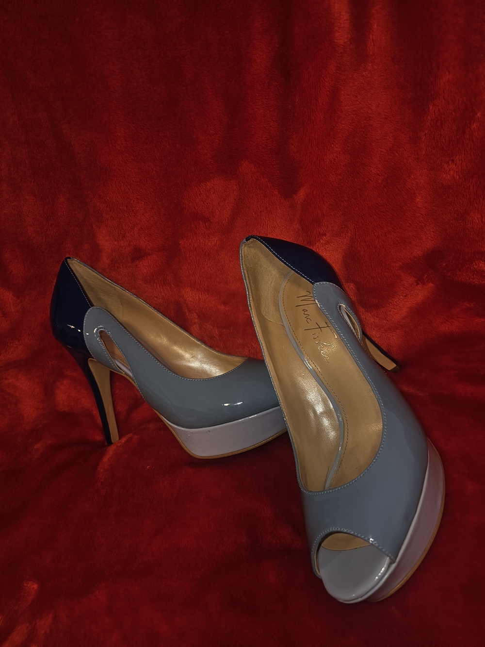 Patent Leather Two-Tone Blue Peep-Toe Platform Pumps - Picture 3 of 3